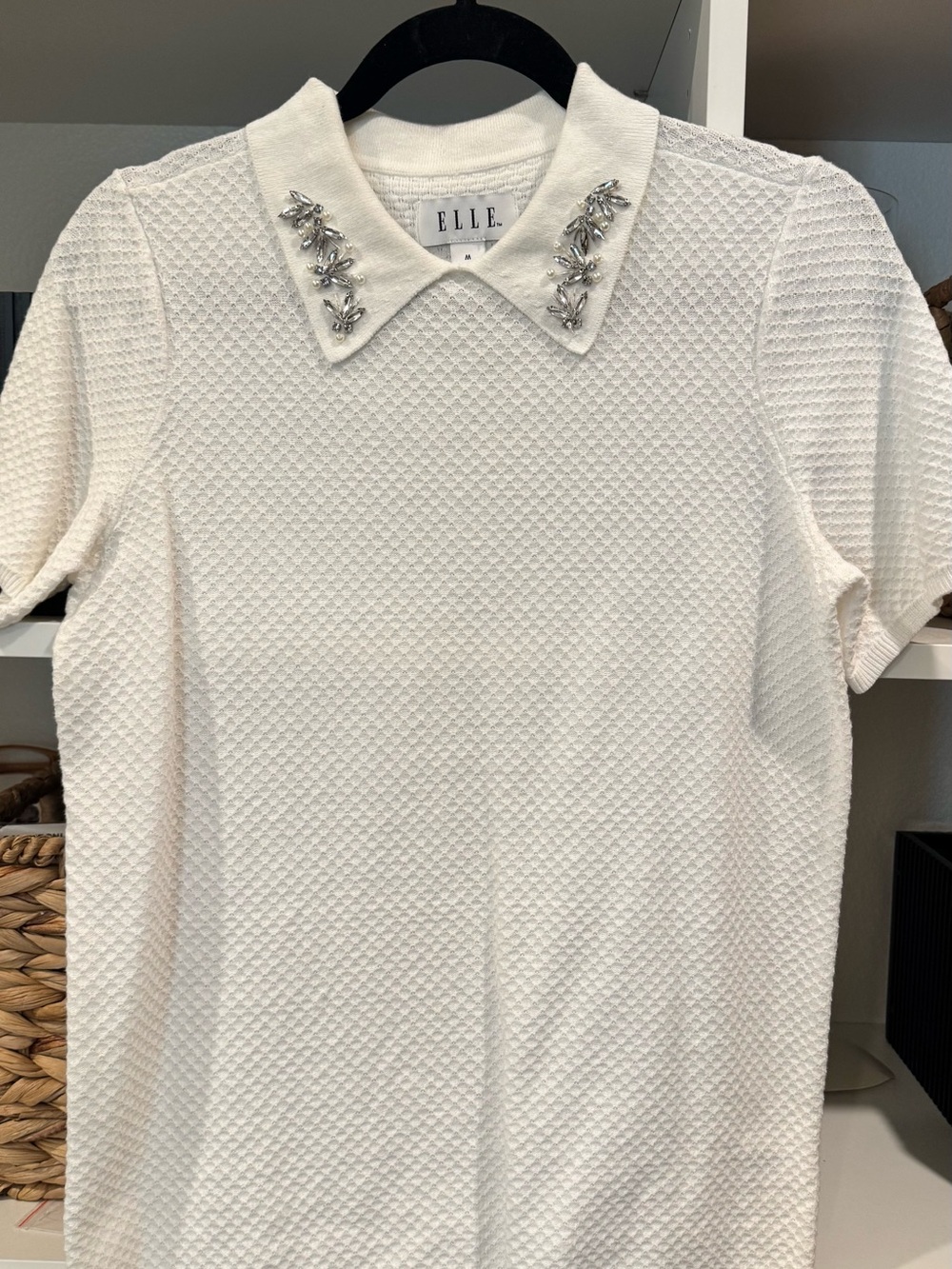 ELLE White Short-Sleeve Knit Top with Jeweled Collar
